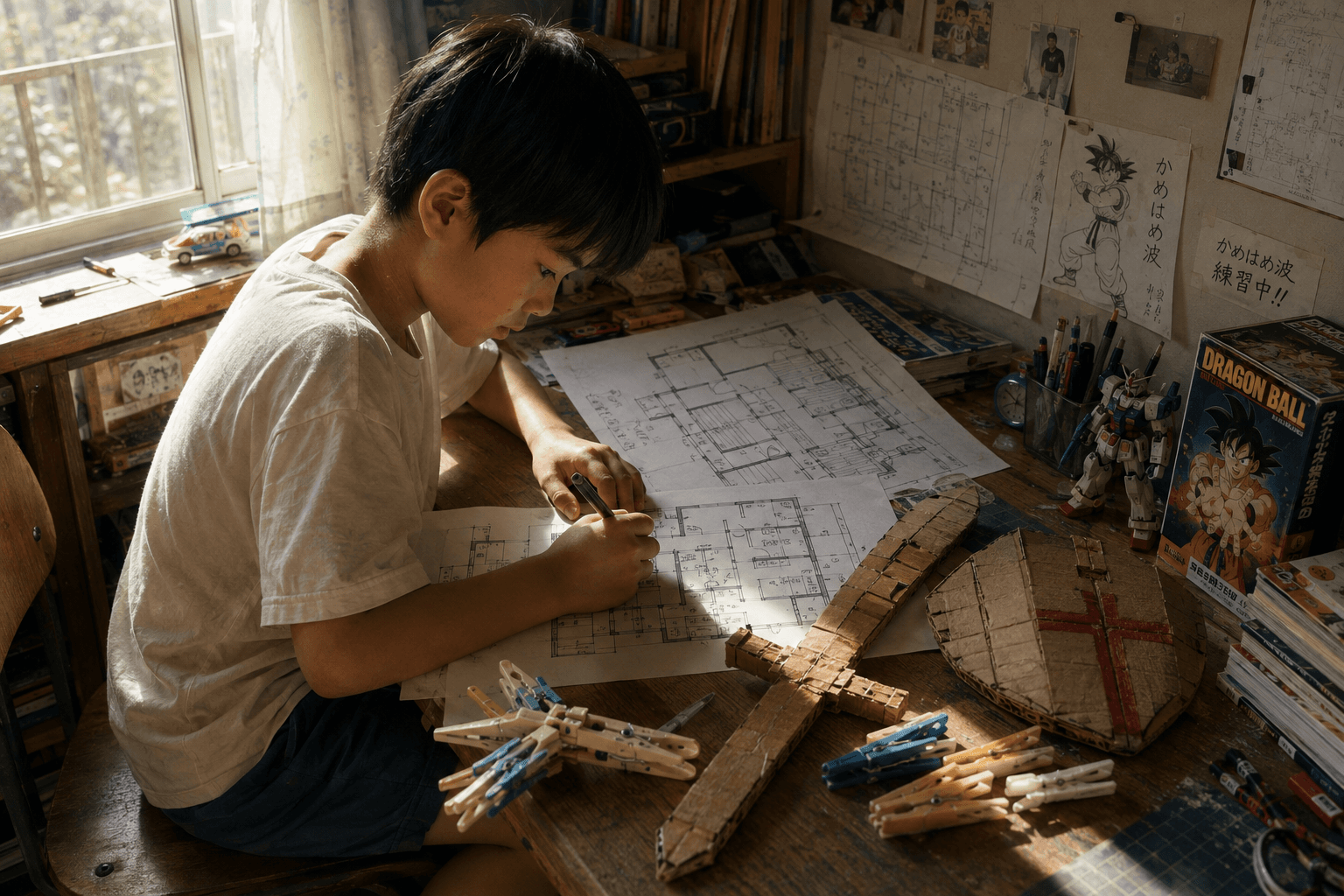 間取り図を描く少年。机の上には段ボールの剣と洗濯ばさみの飛行機が並んでいる