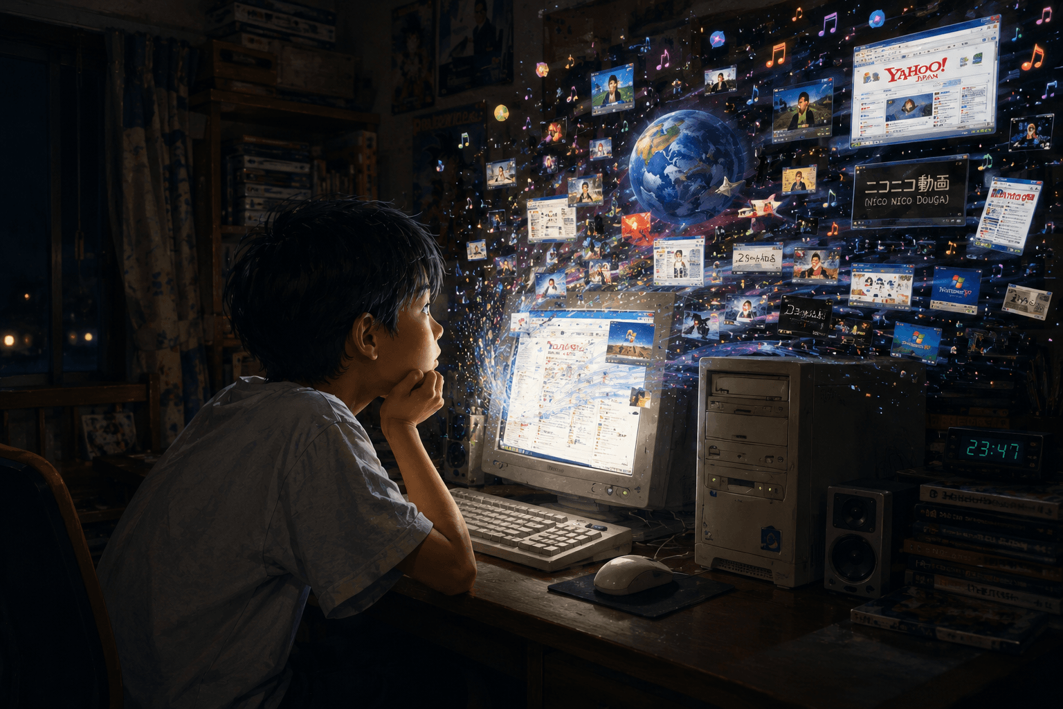 夜中にブラウン管のパソコンを見つめる少年。画面から Web の世界があふれ出している
