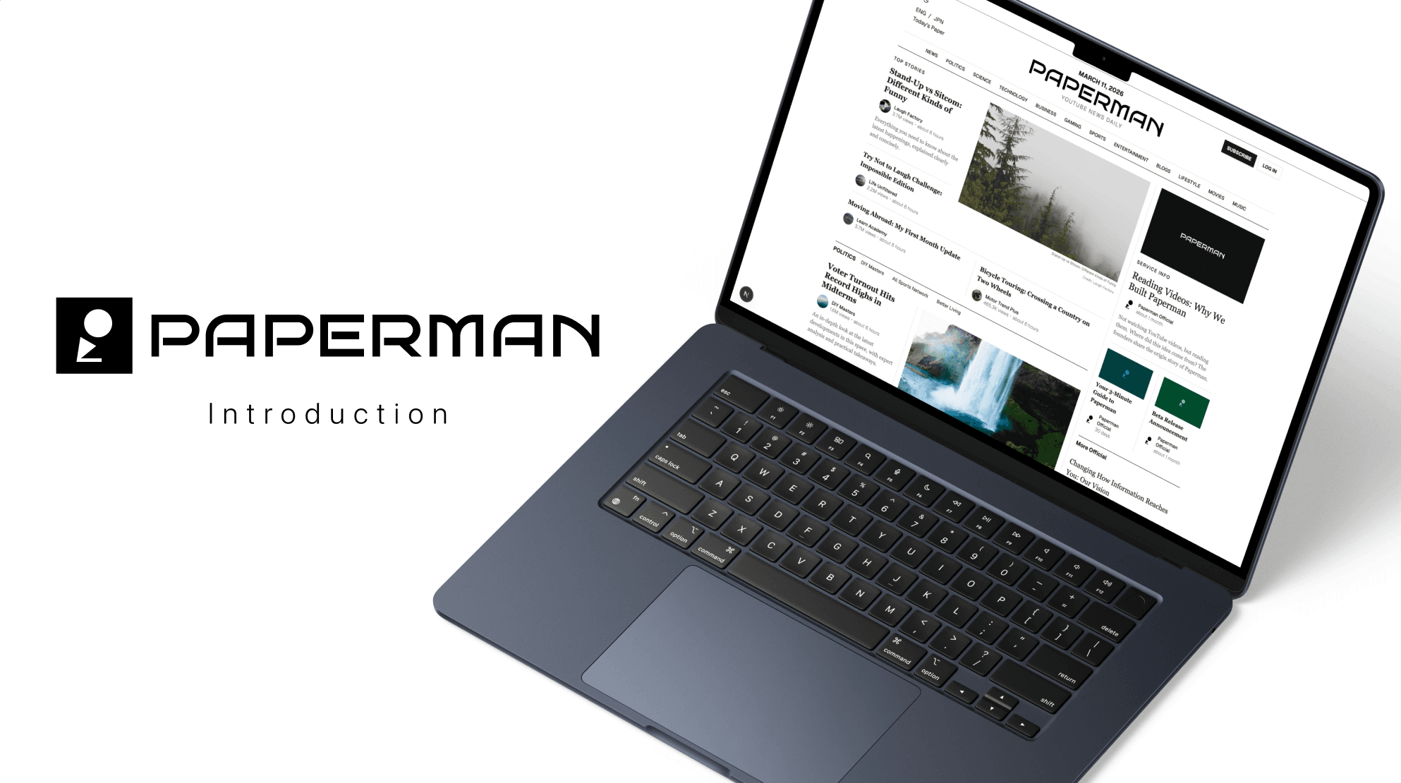 Papermanのロゴと、YouTubeの新着を新聞の紙面のように並べたPapermanの画面を表示したノートPC